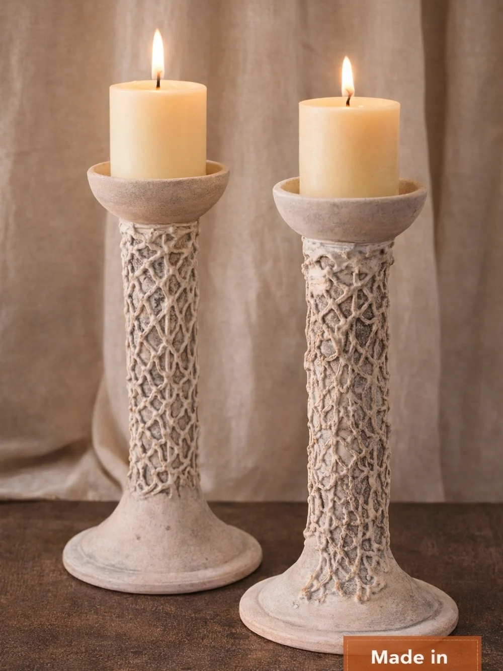 Portugal Pottery Candle Holders Set‎ Rustic Clay Textured Pair